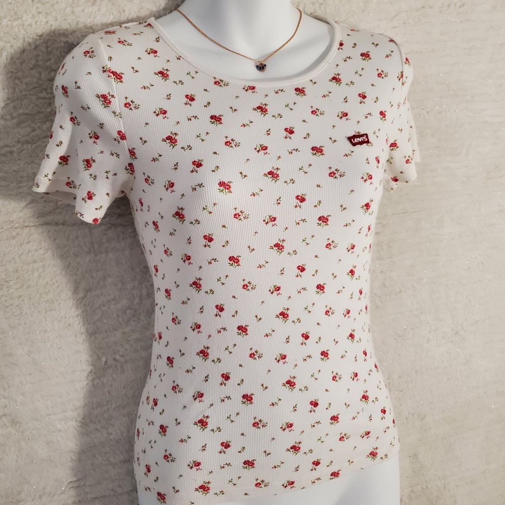Levi's Women's White Floral Ribbed Short-Sleeve Tee